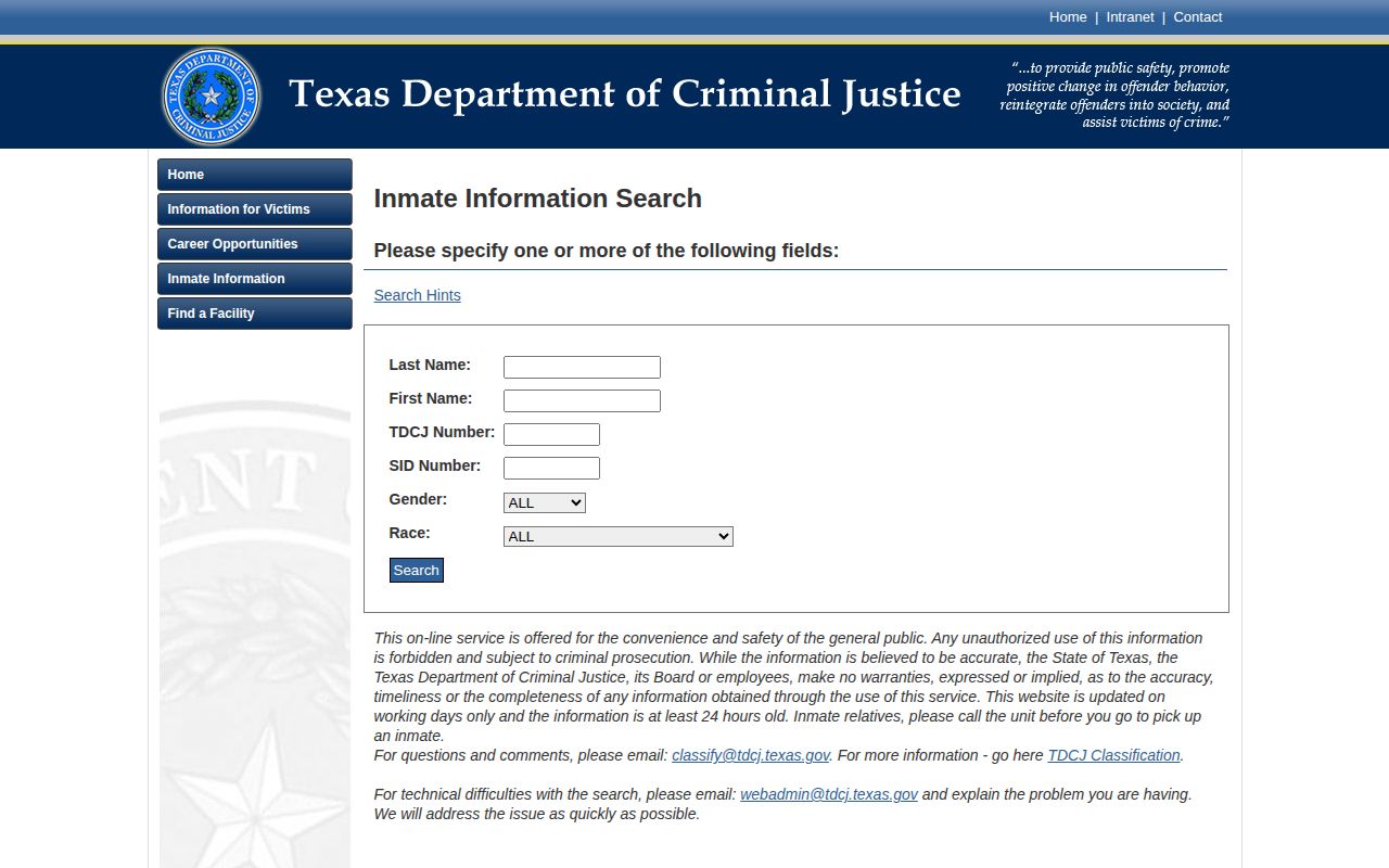 Texas Department of Criminal Justice offender search page