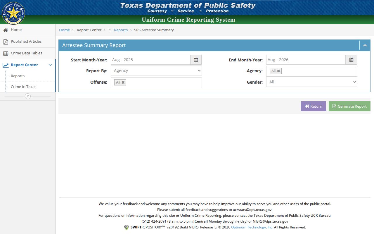 Texas DPS arrestee summary search form